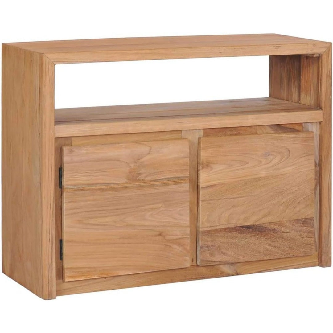 Offene Ablagen treffen bei dem Sideboard auf Holzoptik