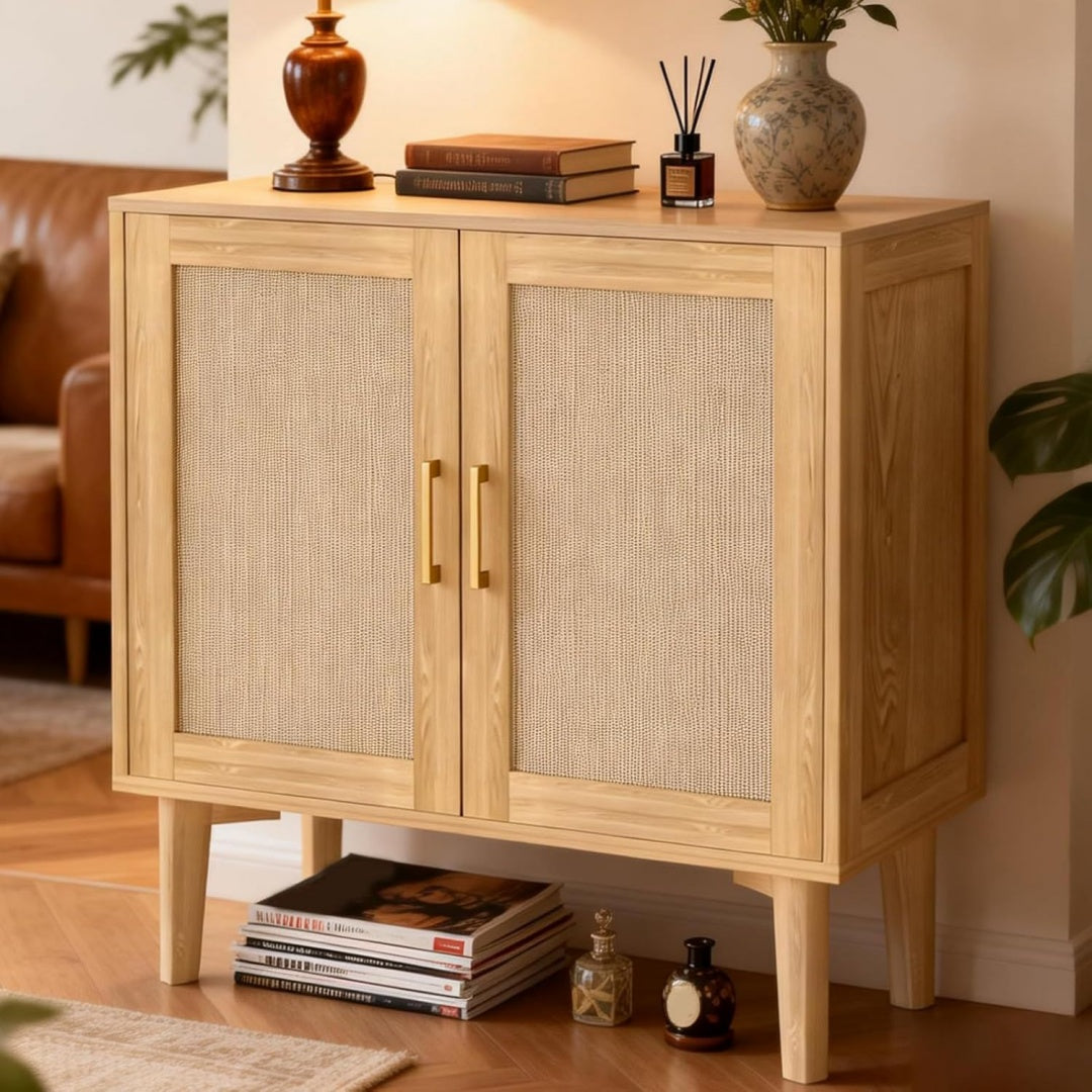 Sideboard mit Flechtoptik und Holzbeinen
