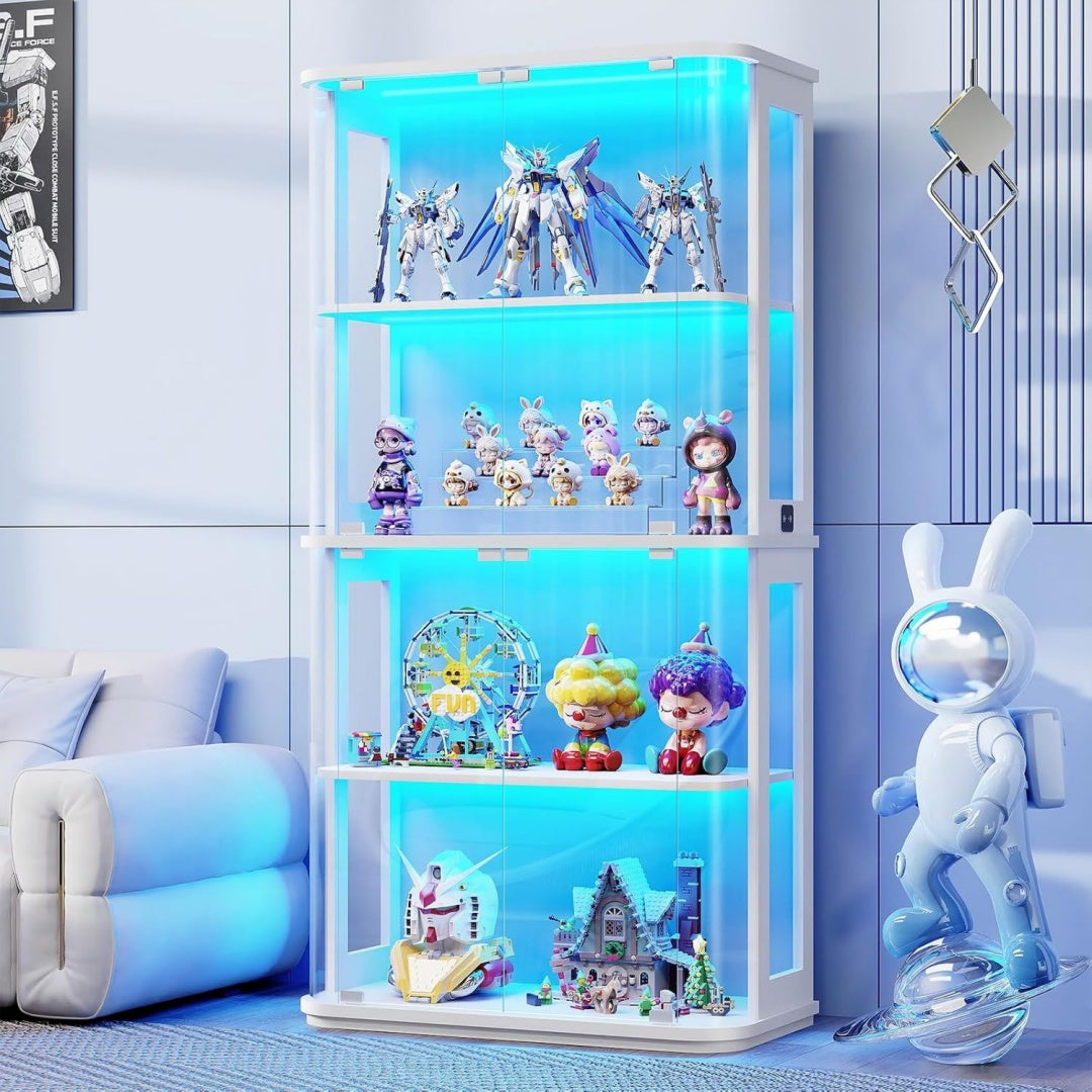 Runde weisse Sammlervitrine mit durchgehender Glasansicht
