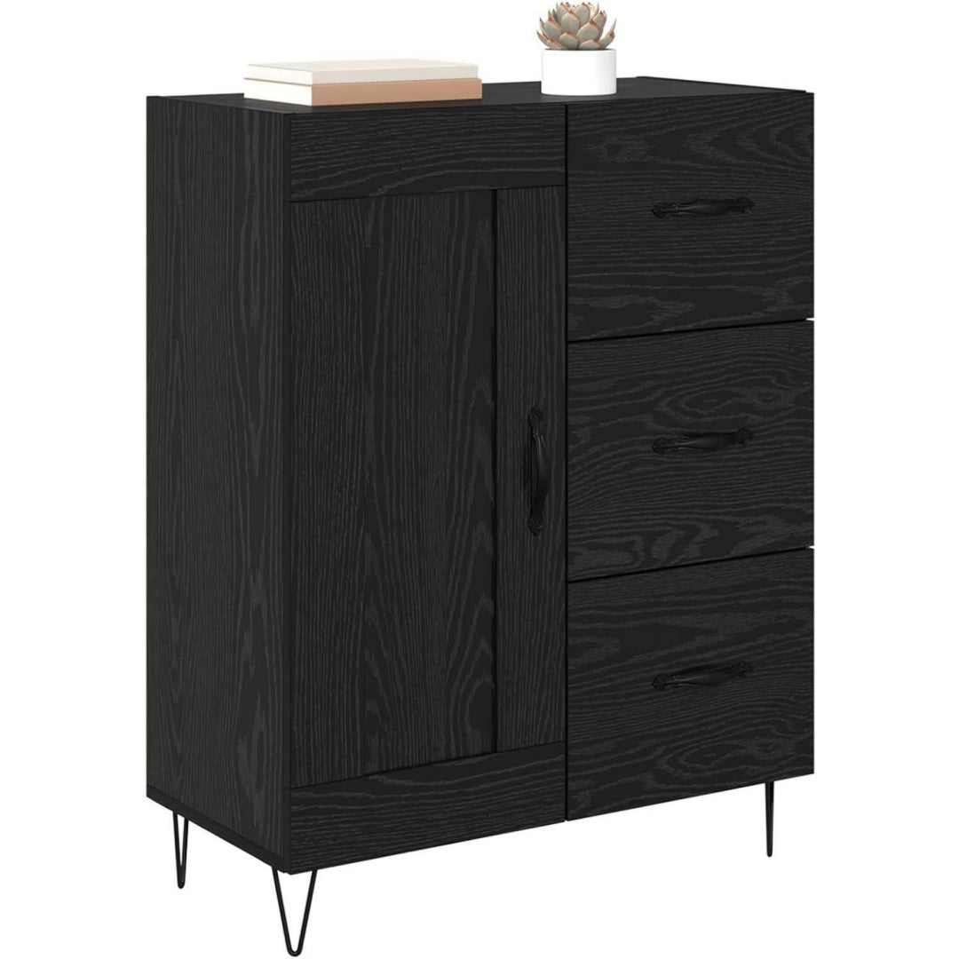 Das Sideboard setzt auf geschlossenen Stauraum in Schwarz und Eichenbraun