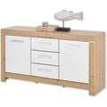 Das Sideboard zeigt geschlossenen Stauraum in Weiss und Eichenbraun