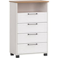 Das Sideboard vereint matte Oberflaechen mit offenen Ablagen