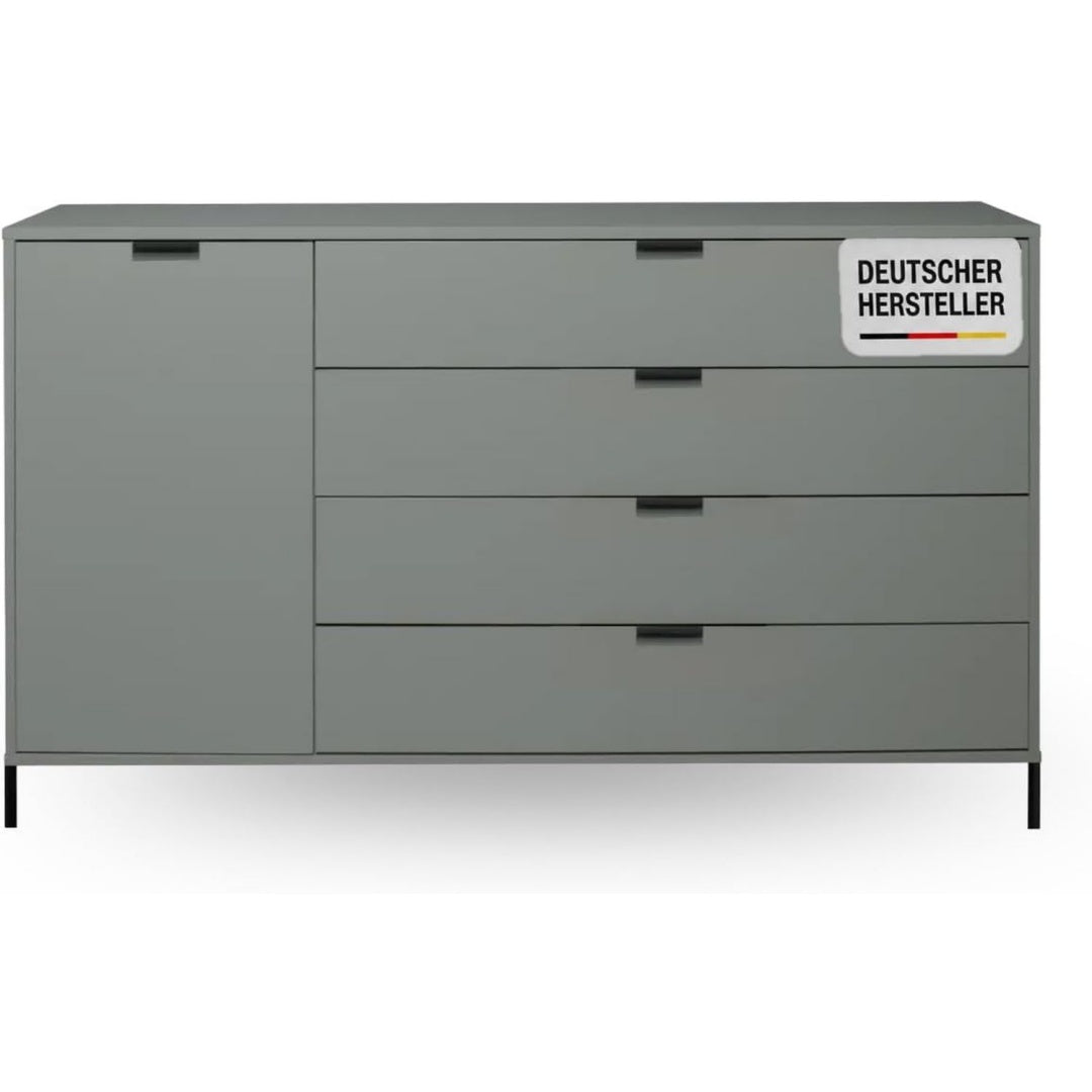 Das Sideboard vereint matte Oberflaechen mit beschichteten Flaechen