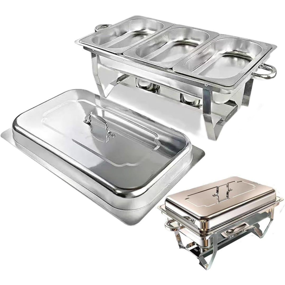 Klappbare Rahmen tragen die Behaelter dieses silbernen Buffetsets