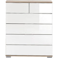 Das Sideboard zeigt Schubladen in Weiss und Eichenbraun